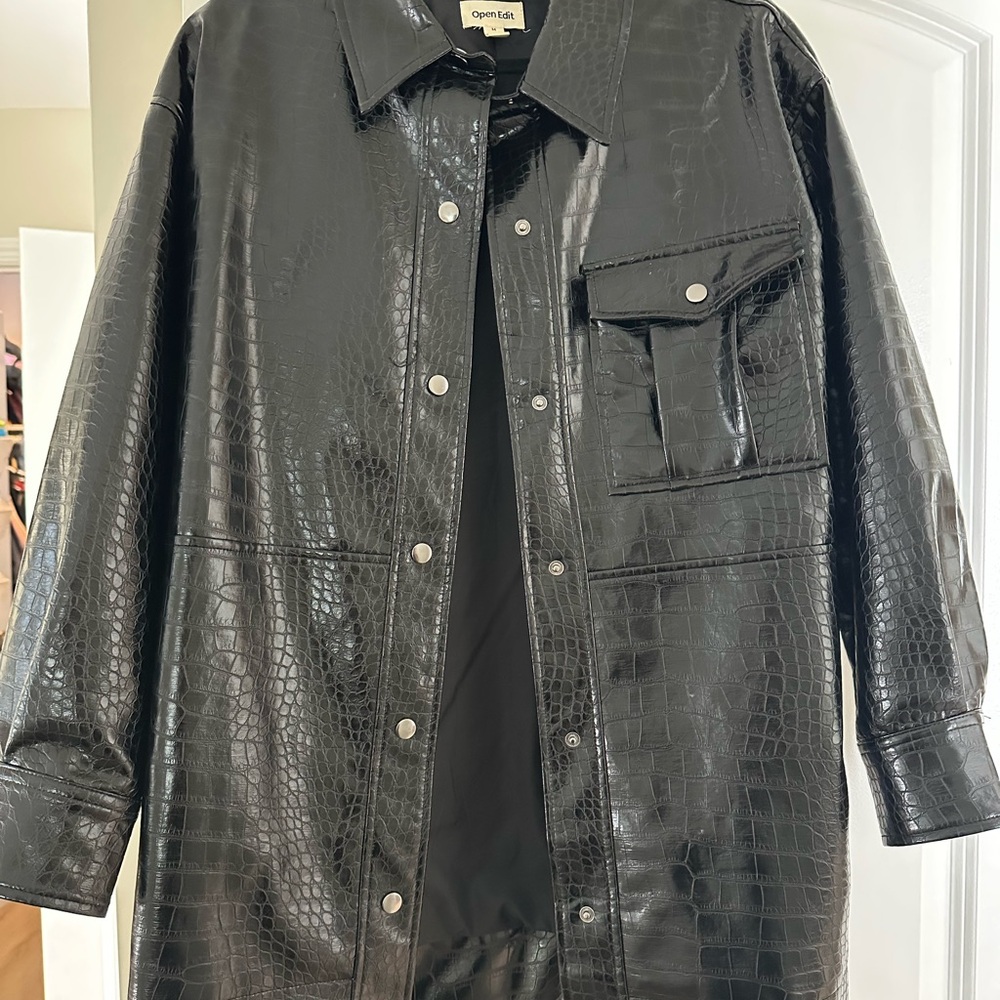 Black Faux Leather Croc-Embossed Jacket